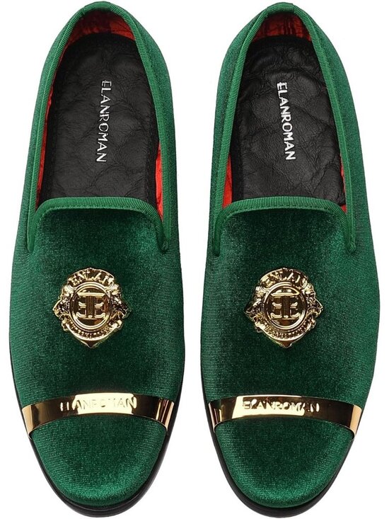 ELANROMAN Men\'s Olive Velvet Loafers Dress Gold Buckle Wedding Party Prom Shoes main image 4